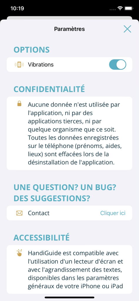 vue modale de paramètres avec une croix en haut à droite pour fermer facilement la modale