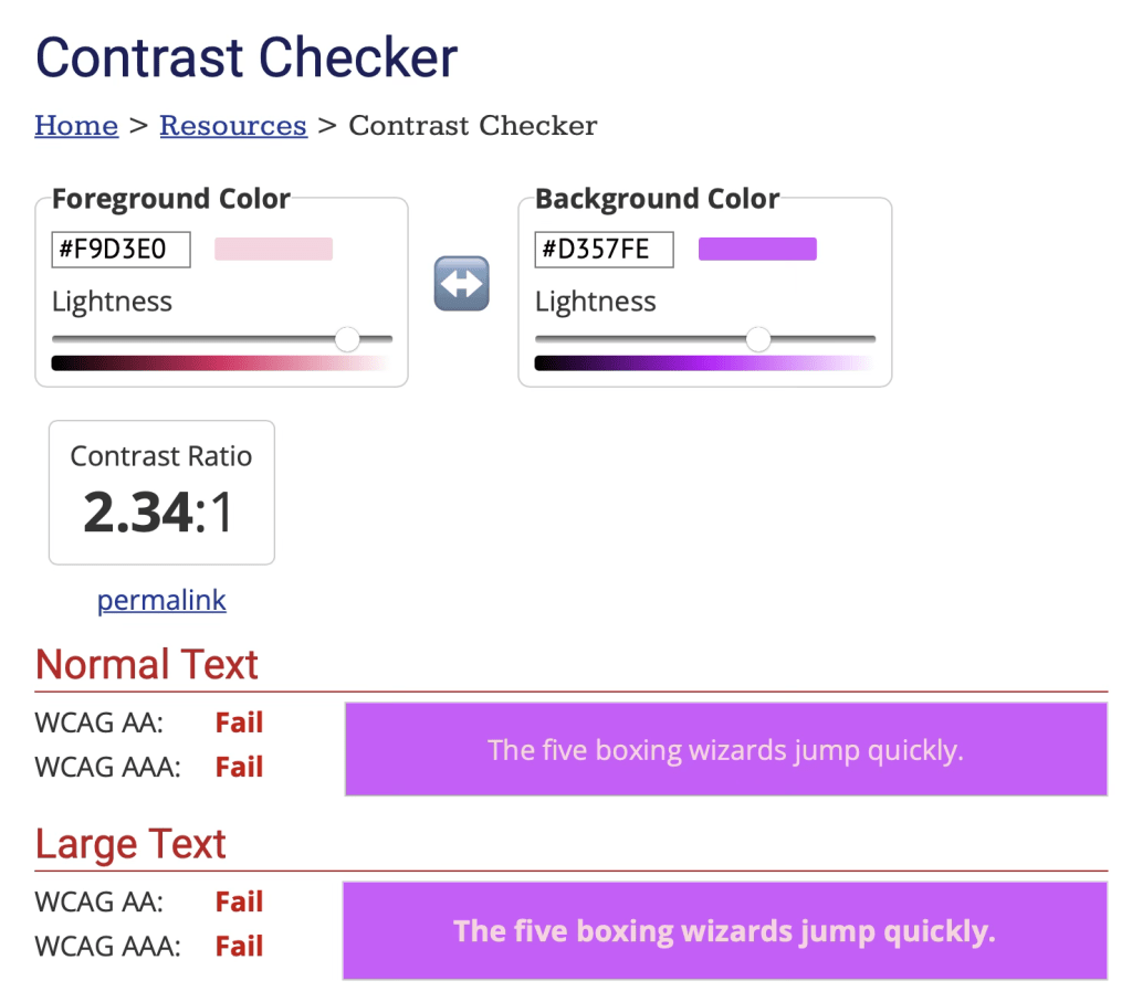 Capture d'écran du site ContrastChecker