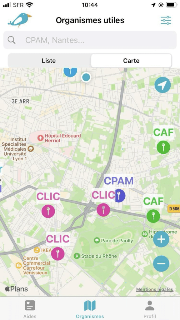 Carte d'organismes publics de l'application HandiGuide