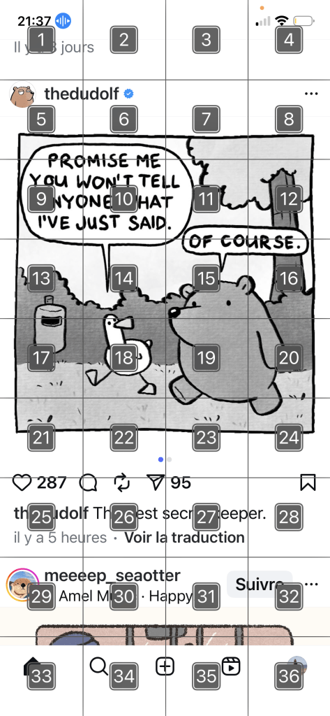 Capture d'écran d'Instagram avec le Voice Control "afficher la grille" activé