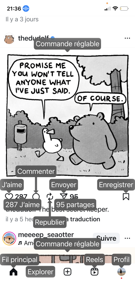 Capture d'écran d'Instagram avec le Voice Control "afficher les noms" activé