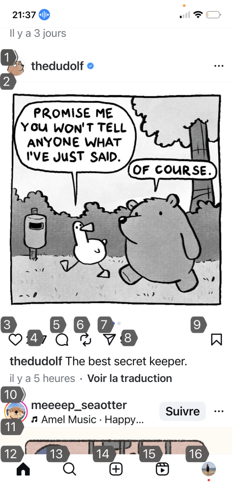 Capture d'écran d'Instagram avec le Voice Control "afficher les numéros" activé