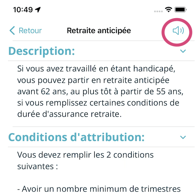 app présentant beaucoup de texte (sur le sujet de la retraite anticipée) avec un haut à droit un bouton "megaphone" pour activer la lecture vocale