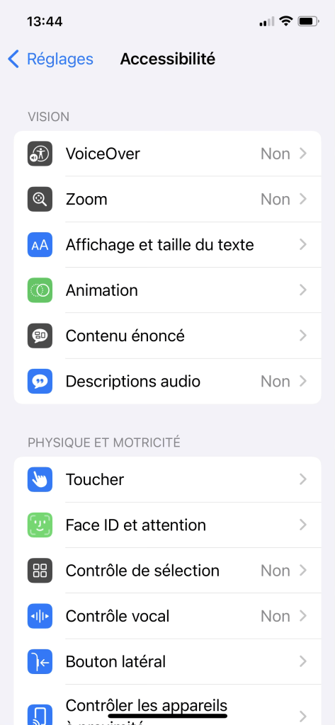 Menu d'accessibilité de l'iPhone