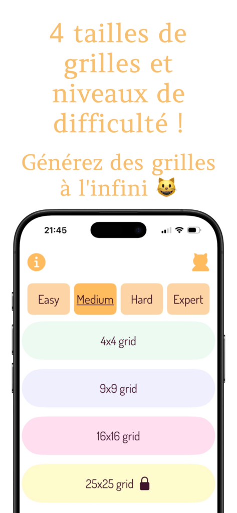 Ecran principal de l'app qui présente 4 boutons pour les 4 tailles de grilles et 4 niveaux de difficulté. Couleurs pastels