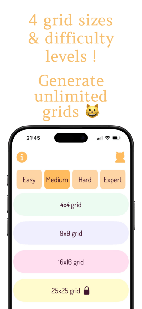 Main screen of the app with 4 buttons for the 4 grid sizes and 4 buttons for the difficulty level