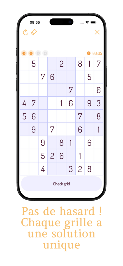 Grille de sudoku 9x9 avec le sous texte: Pas de hasard! Chaque grille a une solution unique