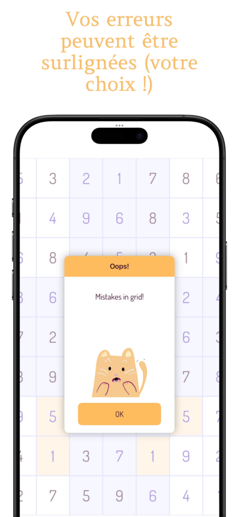 Message d'erreur devant une grille 9x9, alerte avec un chat étonné en illustration