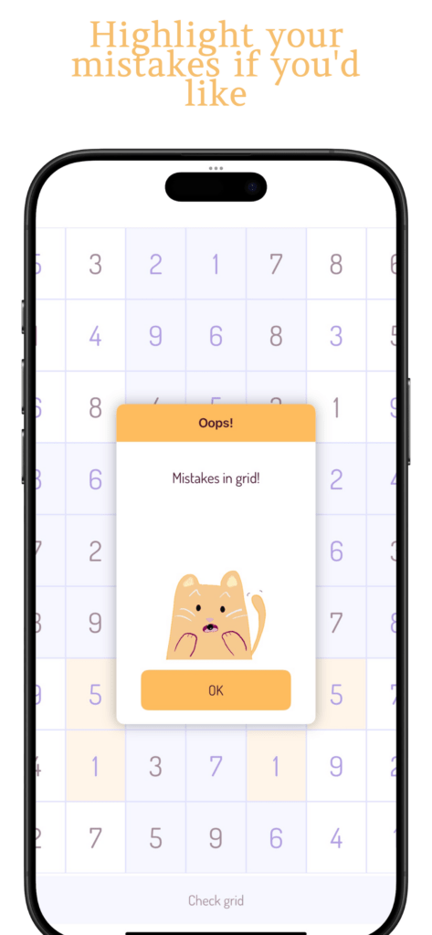 Error message with a surprised cat in front of an invalid 9x9 grid