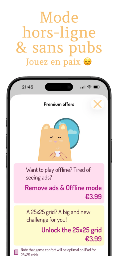 Ecran premium avec un chat qui bois un thé devant un hublot et les produits disponibles à l'achat (mode hors ligne et sans pub)