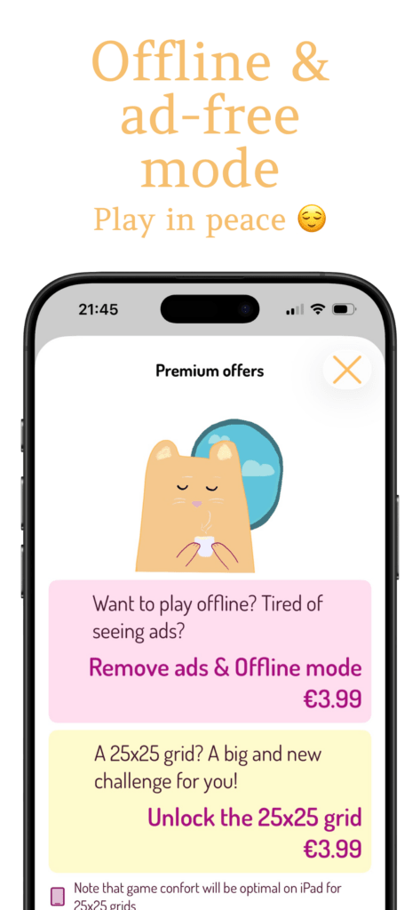 Premium screen with the picture of a cat drinking a tea on a plane, with product available in the app